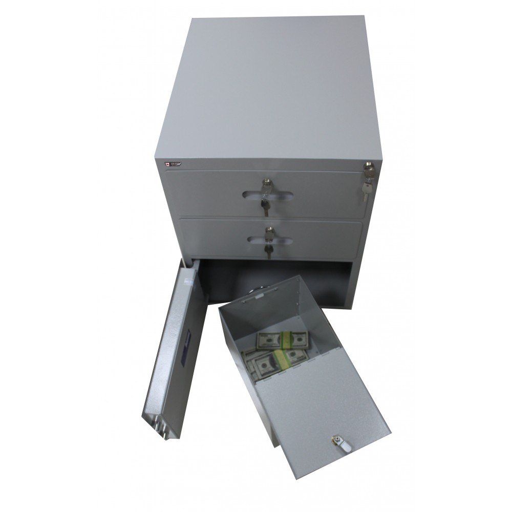 Product image - Deposit safe DK.65.K.E is for secure keeping and operation with cash.
Consists of 3 compartments:
1.	Tray for cash banknotes, 22 inner trays. 136x400x576 mm. EuroLocks key lock
2.	Tray with money-drop pocket. Pocket dimensions 38x176x100 mm. EuroLocks key lock
3.	Safe compartment with function to receive dropped money from upper tray. 286x496x550 mm. Two active bolts. M-Locks (Netherlands) VdS Class 2 EN 1300 e-lock